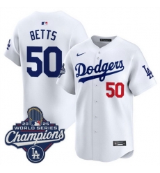 Men Los Angeles Dodgers 50 Mookie Betts White 2025 World Series Champions Patch Home Limited Stitched Baseball Jersey
