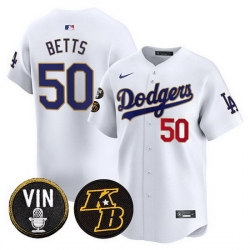 Men Los Angeles Dodgers  50 Mookie Betts White 2026 Vin   Kobe Patch Gold Trim Vapor Premier Limited Stitched Baseball Jersey