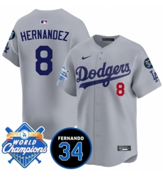 Men Los Angeles Dodgers 8 Enrique Hernandez Grey 2024 World Champions  26 Fernando Memorial Patch Vapor Premier Limited Stitched Baseball Jersey