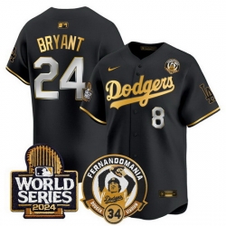 Men Los Angeles Dodgers Front  8 Back  24 Kobe Bryant Black Gold Fernando Valenzuela   2024 World Series Patch Limited Stitched Baseball Jersey