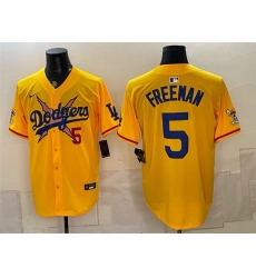Men Los Angeles Dodgers x One Piece  5 Freddie Freeman Yellow Vapor Premier Limited Stitched Baseball Jersey