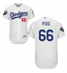 Mens Majestic Los Angeles Dodgers 66 Yasiel Puig White Home Flex Base Authentic Collection 2018 World Series Jersey