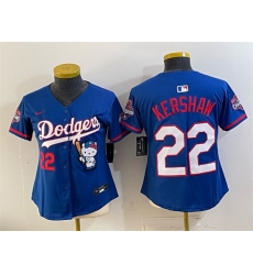 Women Los Angeles Dodgers  22 Clayton Kershaw Royal Hello Kitty Night 2025 World Series Champions Patch Stitched Baseball Jersey  
