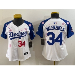 Women Los Angeles Dodgers 34 Fernando Valenzuela White Royal 2025 Tokyo Series Limited Stitched Baseball Jersey