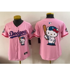 Women Los Angeles Dodgers Team Big Logo Pink Hello Kitty Night 2025 World Series Champions Patch Stitched Baseball Jersey  