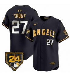 Men Los Angeles Angels 27 Mike Trout Black Gold 2024 Spring Training Patch Vapor Limited Stitched Baseball Jersey Men Los Angeles Angels 27 Mike Trout Black Gold 2024 Spring Training Patch Vapor Limited Stitched Baseball Jersey