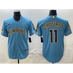 Men Milwaukee Brewers  11 Jackson Chourio Blue With Home   Bob Uecker Patch Stitched Baseball Jersey