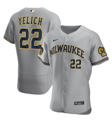 Men Milwaukee Brewers 22 Christian Yelich Men Nike Gray Road 2020 Flex Base Player MLB Jersey