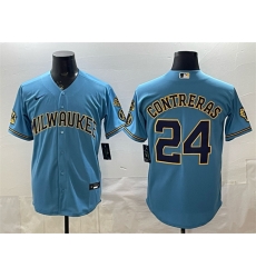 Men Milwaukee Brewers 24 William Contreras Blue With Home Bob Uecker Patch Stitched Baseball Jersey Men Milwaukee Brewers 24 William Contreras Blue With Home Bob Uecker Patch Stitched Baseball Jersey