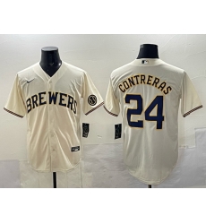 Men Milwaukee Brewers 24 William Contreras Cream With Patch Stitched Baseball Jersey Men Milwaukee Brewers 24 William Contreras Cream With Patch Stitched Baseball Jersey