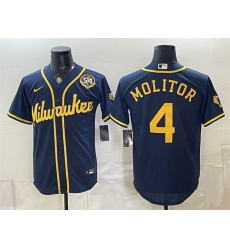 Men Milwaukee Brewers 4 Paul Molitor Navy With Home Bob Uecker Patch Limited Stitched Baseball Jersey Men Milwaukee Brewers 4 Paul Molitor Navy With Home Bob Uecker Patch Limited Stitched Baseball Jersey