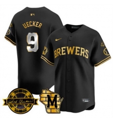 Men Milwaukee Brewers 9 Bob Uecker Black Gold With Home  26 Bob Uecker Patch Limited Stitched Baseball Jersey