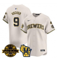Men Milwaukee Brewers 9 Bob Uecker Cream With Home  26 Bob Uecker Patch Limited Stitched Baseball Jersey
