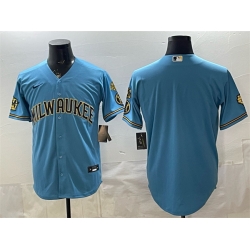 Men Milwaukee Brewers Blank Blue With Home   Bob Uecker Patch Stitched Baseball Jersey