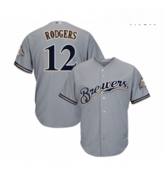 Mens Milwaukee Brewers 12 Aaron Rodgers Replica Grey Road Cool Base Baseball Jersey 