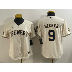 Women Milwaukee Brewers 9 Bob Uecker Cream With Home  26 Bob Uecker Patch Stitched Jersey 28Run Small 29