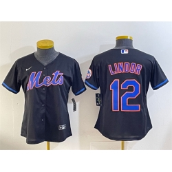 Women New York Mets 12 Francisco Lindor Black Cool Base Stitched Baseball Jersey
