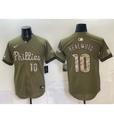 Men Philadelphia Phillies 10 J T Realmuto Olive 2026 Armed Forces Day Stitched Baseball Jersey Men Philadelphia Phillies 10 J T Realmuto Olive 2026 Armed Forces Day Stitched Baseball Jersey