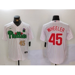 Men Philadelphia Phillies 45 Zack Wheeler White Green Cool Base Stitched Jersey 1