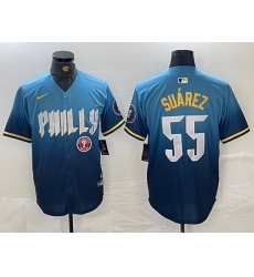 Men Philadelphia Phillies 55 Ranger Suarez Blue 2024 City Connect Limited Stitched Jersey 2