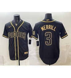Men San Diego Padres  3 Jackson Merrill Black Gold With Patch Stitched Baseball Jersey