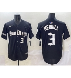 Men San Diego Padres 3 Jackson Merrill Black Gothic Edition Vapor Limited Stitched Baseball Jersey