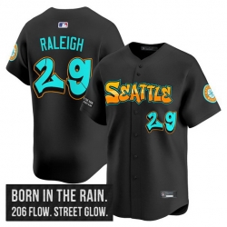 Men Seattle Mariners 29 Cal Raleigh Black 2025 Graffiti Emerald Drop Edition Vapor Premier Limited Stitched Jersey