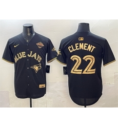 Men Toronto Blue Jays 22 Ernie Clement Black Gold 2025 American League Champions Limited Stitched Baseball Jersey Men Toronto Blue Jays 22 Ernie Clement Black Gold 2025 American League Champions Limited Stitched Baseball Jersey