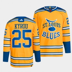 Men St  Louis Blues 25 Jordan Kyrou Yellow 2022 23 Reverse Retro Stitched Jersey