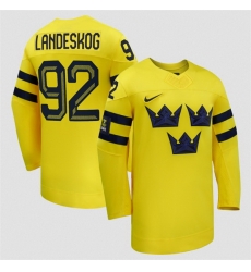 Men Sweden Hockey 92 Gabriel Landeskog Yellow 2026 Away Stitched Jersey Men Sweden Hockey 92 Gabriel Landeskog Yellow 2026 Away Stitched Jersey