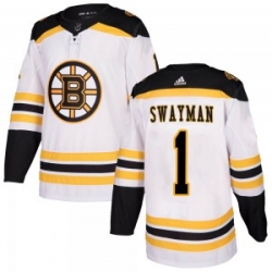 Men Boston Bruins 1 Jeremy Swayman Adidas Authentic Away Jersey   White