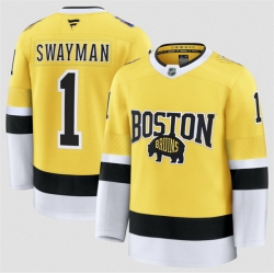 Men Boston Bruins 1 Jeremy Swayman Gold 2026 Stadium Series Stitched Hockey Jersey