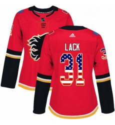 Womens Adidas Calgary Flames 31 Eddie Lack Authentic Red USA Flag Fashion NHL Jersey 