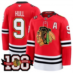Men Chicago Blackhawks 9 Bobby Hull Red 2025 Home 100th Anniversary Stitched Hockey Jersey