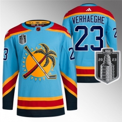 Men Florida Panthers 23 Carter Verhaeghe Blue 2023 Stanley Cup Final Reverse Retro Stitched Jersey