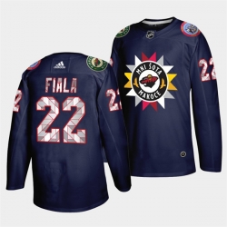 Men Minnesota Wild 22 Kevin Fiala 2021 22 Navy Native American Heritage Day Stitched Jersey