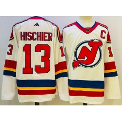 Men New Jersey Devils 13 Nico Hischier White 2022 23 Reverse Retro Stitched Jersey