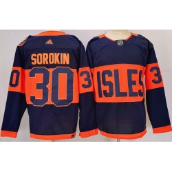 Men's New York Islanders #30 Ilya Sorokin Navy 2024 With Stadium Series Patch Stitched Jersey