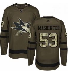 Mens Adidas San Jose Sharks 53 Brandon Mashinter Authentic Green Salute to Service NHL Jersey 