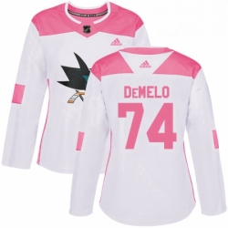 Womens Adidas San Jose Sharks 74 Dylan DeMelo Authentic WhitePink Fashion NHL Jersey 