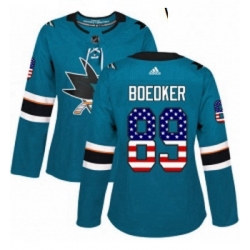 Womens Adidas San Jose Sharks 89 Mikkel Boedker Authentic Teal Green USA Flag Fashion NHL Jersey 