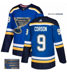 Mens Adidas St Louis Blues 9 Shayne Corson Authentic Royal Blue Fashion Gold NHL Jersey 