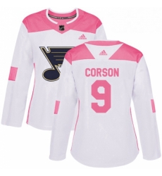 Womens Adidas St Louis Blues 9 Shayne Corson Authentic WhitePink Fashion NHL Jersey 