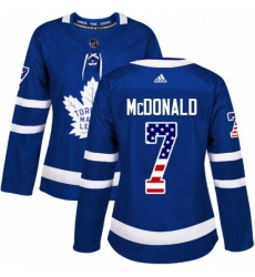 Womens Adidas Toronto Maple Leafs 7 Lanny McDonald Authentic Royal Blue USA Flag Fashion NHL Jersey 