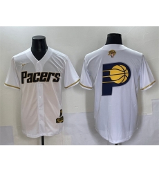 Men Indiana Pacers Team Big Logo White Gold 2025 Finals Vapor Stitched Baseball Jersey Men Indiana Pacers Team Big Logo White Gold 2025 Finals Vapor Stitched Baseball Jersey