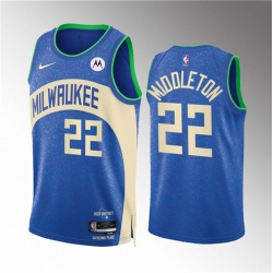 Men Milwaukee Bucks 22 Khris Middleton 2023 24 Blue City Edition Stitched Basketball Jersey