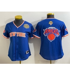 Women New York Knicks Team Big Logo Blue 2026 Finals Eastern Conference Champions Patch Stitched Baseball Jersey Women New York Knicks Team Big Logo Blue 2026 Finals Eastern Conference Champions Patch Stitched Baseball Jersey