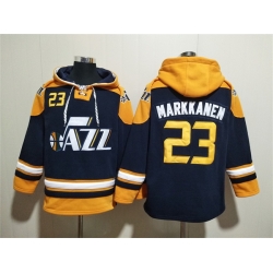 Men Utah Jazz 23 Lauri Markkanen Blue Grey Lace Up Pullover Hoodie