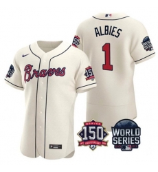 Men Atlanta Braves 1 Ozzie Albies 2021 Cream World Series With 150th Anniversary Patch Stitched Baseball Jersey