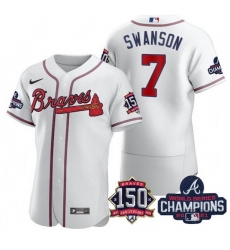 Men's White Atlanta Braves #7 Dansby Swanson 2021 World Series Champions With 150th Anniversary Flex Base Stitched Jersey